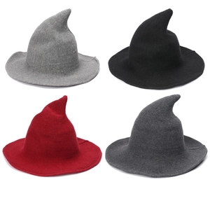 Knitted Witch Hat Pointed Top Wizard Hat Wide Brim Halloween Cosplay Costume Soft Acrylic Solid Color For Women