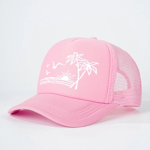 Pink trucker hat with tropical sunset island print and breathable mesh back panel