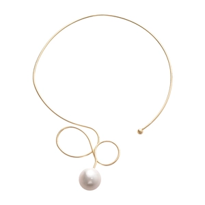 Minimalist gold twisted wire collar necklace with a large white pearl pendant