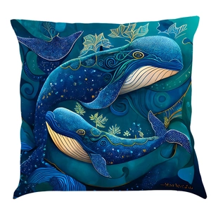 Detailed pattern of whales and golden plants on linen marine themed pillow cover