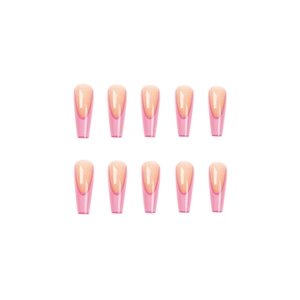 Pink French tips long coffin press-on nails set with glossy nude base 10 pieces pack