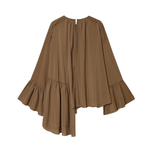 Brown chiffon blouse with flared sleeves and asymmetric ruffled hem on white background