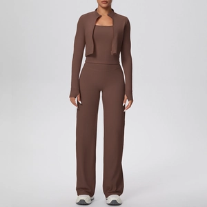 Ensemble yoga 3 pièces marron chocolat côtelé avec veste zippée, débardeur et pantalon large