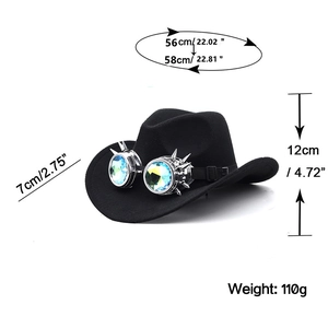 Steampunk black cowboy hat with spiked goggles and wool felt texture, size specifications