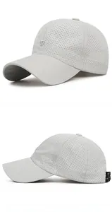Detail view of light grey quick-dry mesh baseball cap with side and profile angles