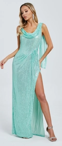 Close-up of mint green sequin evening dress with side slit and draped cowl neckline