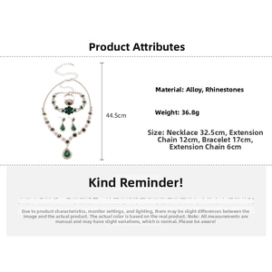Detailed size chart for green rhinestone flower jewelry set including necklace and bracelet