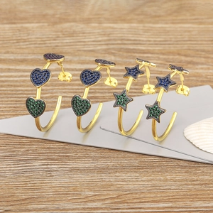18K Gold Plated Copper C-Shaped Hoop Earrings For Women Colorful AAA Cubic Zirconia Heart Star Charms Western Jewelry
