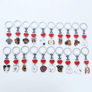 Set of 20 metal dog breed keychains with red heart and blue bone charms on white background