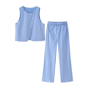 Women Vertical Stripe Sleeveless Top And Long Pants Asymmetrical Button Placket Polyester Casual Loungewear