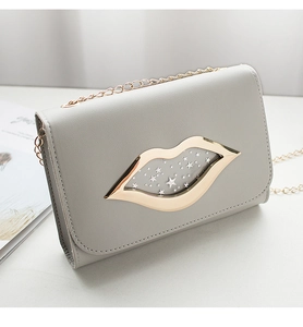 Macro shot of grey PU leather bag featuring gold star-studded lip metal ornament