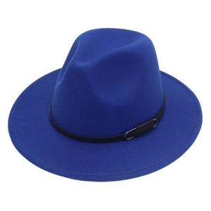 Close-up of royal blue wool fedora with black leather belt and silver metal buckle