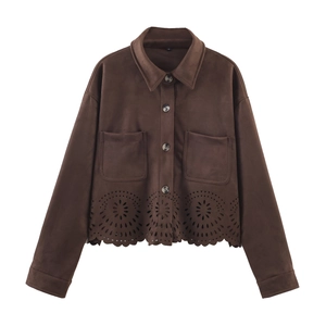 Women's dark brown suede shirt jacket with hollow-out hem and front double pockets