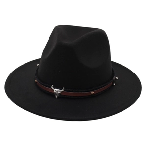 Vintage Western Cowboy Fedora Hat Wide Brim Felt Wool With Bull Skull Buckle And Rivet Leather Band Jazz Cap Unisex
