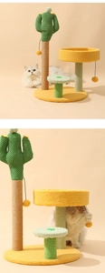Detail view of the green cactus cat scratcher with sisal rope and soft yellow platform