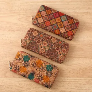 Bohemian Mandala Floral Printed Cork Texture Women Wallet Zipper Clutch Card Holder Multi Slot Vintage Style