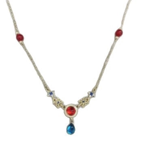 Modern V-shaped silver necklace with red circular resin and blue teardrop pendant