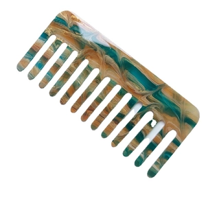 Antistatic marble pattern wide tooth hair comb in emerald green and gold acrylic