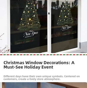 Détail de stickers de Noël pour fenêtre avec sapins illuminés et texte Happy New Year