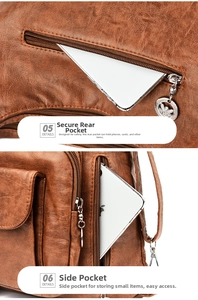 Detail of brown faux leather bag showing rear anti-theft zipper and side phone pocket