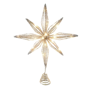 Champagne gold iron Christmas tree topper star with warm white LED lights and glitter finish