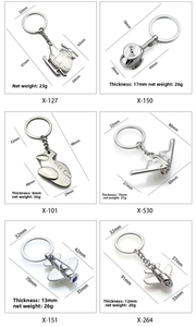 Detailed view of six unique metal aircraft keychains with dimensions and silver finish