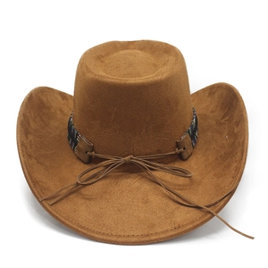 Detail of brown faux suede cowboy hat featuring an ethnic woven band and rope knot