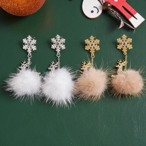Christmas reindeer earrings with snowflake studs and plush fur balls in gold and silver