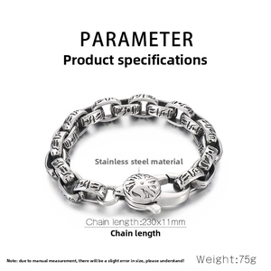 Detail of vintage stainless steel chain bracelet with Egyptian Pharaoh oval engraving