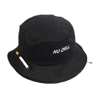 Black cotton bucket hat with white NO CHILL embroidery and cigarette side strap detail