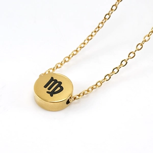 Gold stainless steel Virgo constellation pendant necklace with round medallion on chain