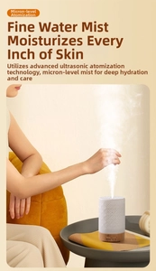 Close-up of ultrasonic mist technology on wood base white humidifier for home and office