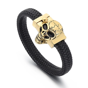 Men's punk skull bracelet with black braided leather and gold stainless steel buckle