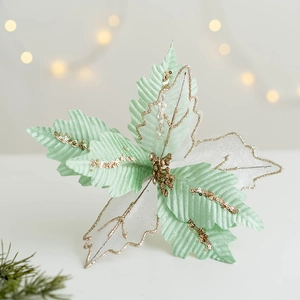 Fiore di Natale da 25 cm verde menta e argento con paillettes oro e glitterati