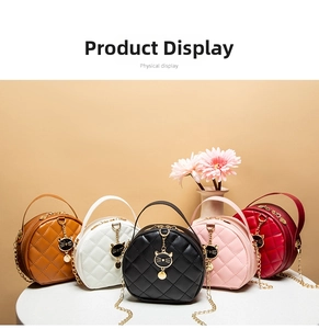 Group display of quilted chain round bags in brown white black pink and red colors