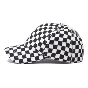 Classic cotton baseball cap with black and white checkered pattern and side view display