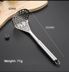 Detail showing dimensions of 255mm stainless steel potato masher with hanging hook