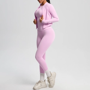Pink purple three-piece yoga set with zip jacket and high-waist seamless leggings