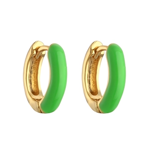 Detail of green enamel coating on gold-plated C-shaped hoop earrings for women