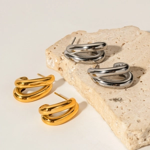 18k gold and silver plated stainless steel double layer C-shaped hoop earrings