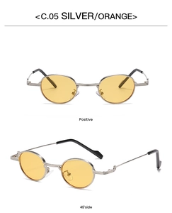 Front and 45-degree side views of silver round metal sunglasses with orange lenses
