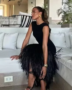 Detail showing the elegant sleeveless black knit dress with layered fringe hemline