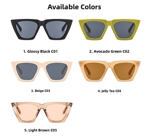 Vista dettagliata di occhiali da sole cat-eye di tendenza in cinque colori eleganti