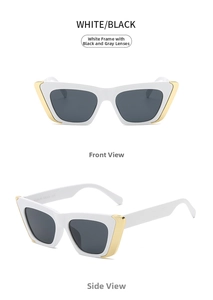 Detailed views of white cat-eye sunglasses with gold metal corners and dark grey lenses