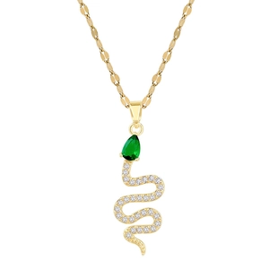 Gold plated snake pendant necklace with green drop gemstone and micro-set crystals