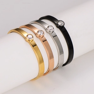 Polished stainless steel bracelets with single zircon stone in four metallic colors