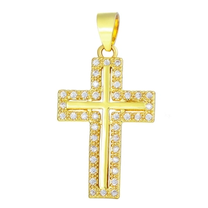 Detailed close-up of a gold-plated double-layer cross pendant with sparkling zircons