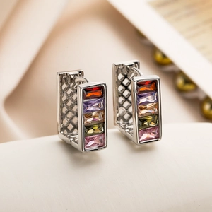 Silver rectangle earrings with colorful baguette zircon stones in a geometric hollow design