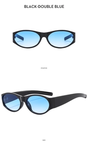 Front and side view of oval black frame sunglasses with trendy blue gradient lenses