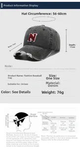 Detailed size chart for vintage charcoal grey denim baseball cap with red N embroidery